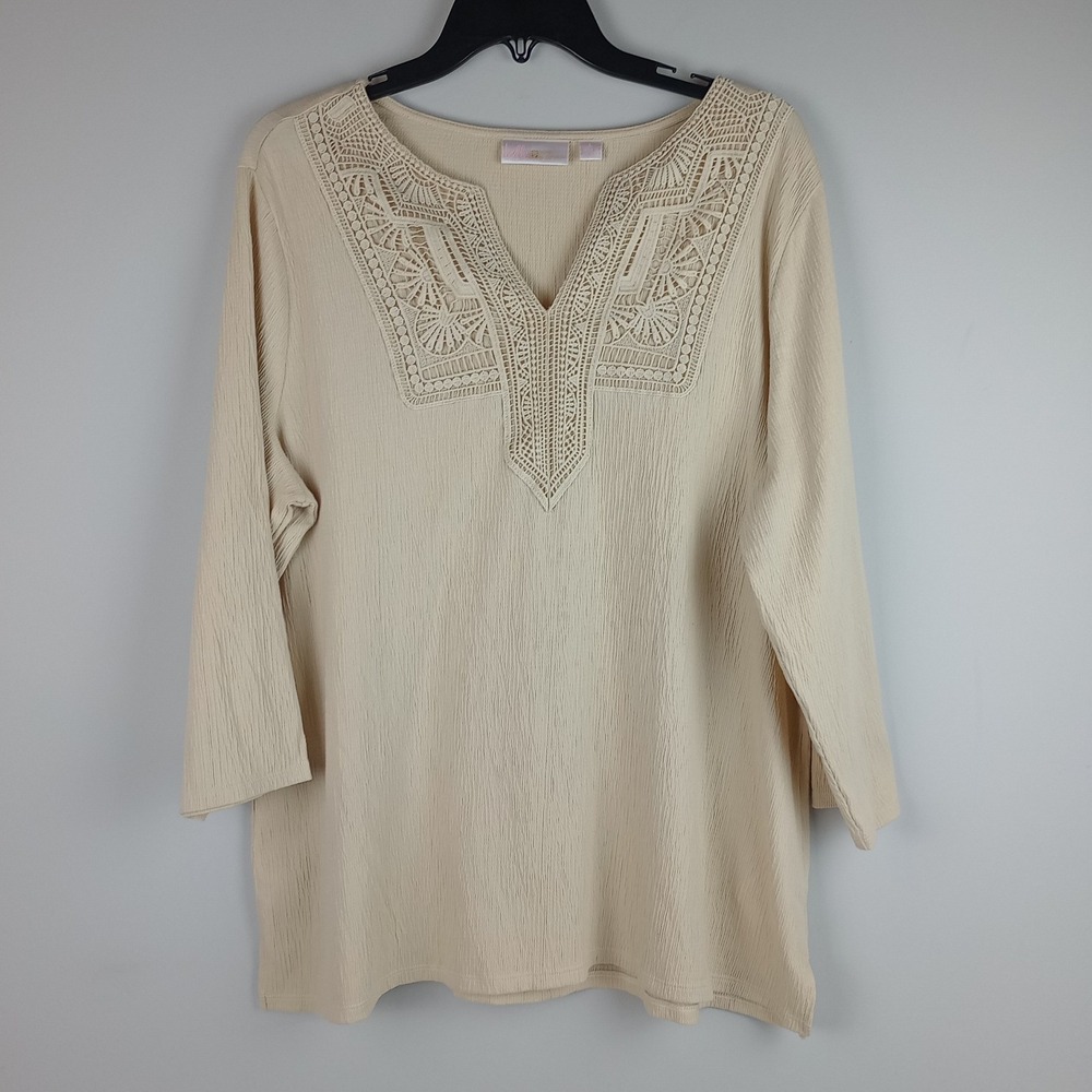 Belle Kim Gravel Womens L Beige Lace Crochet V-Neck Crinkle Gauze Tunic Top